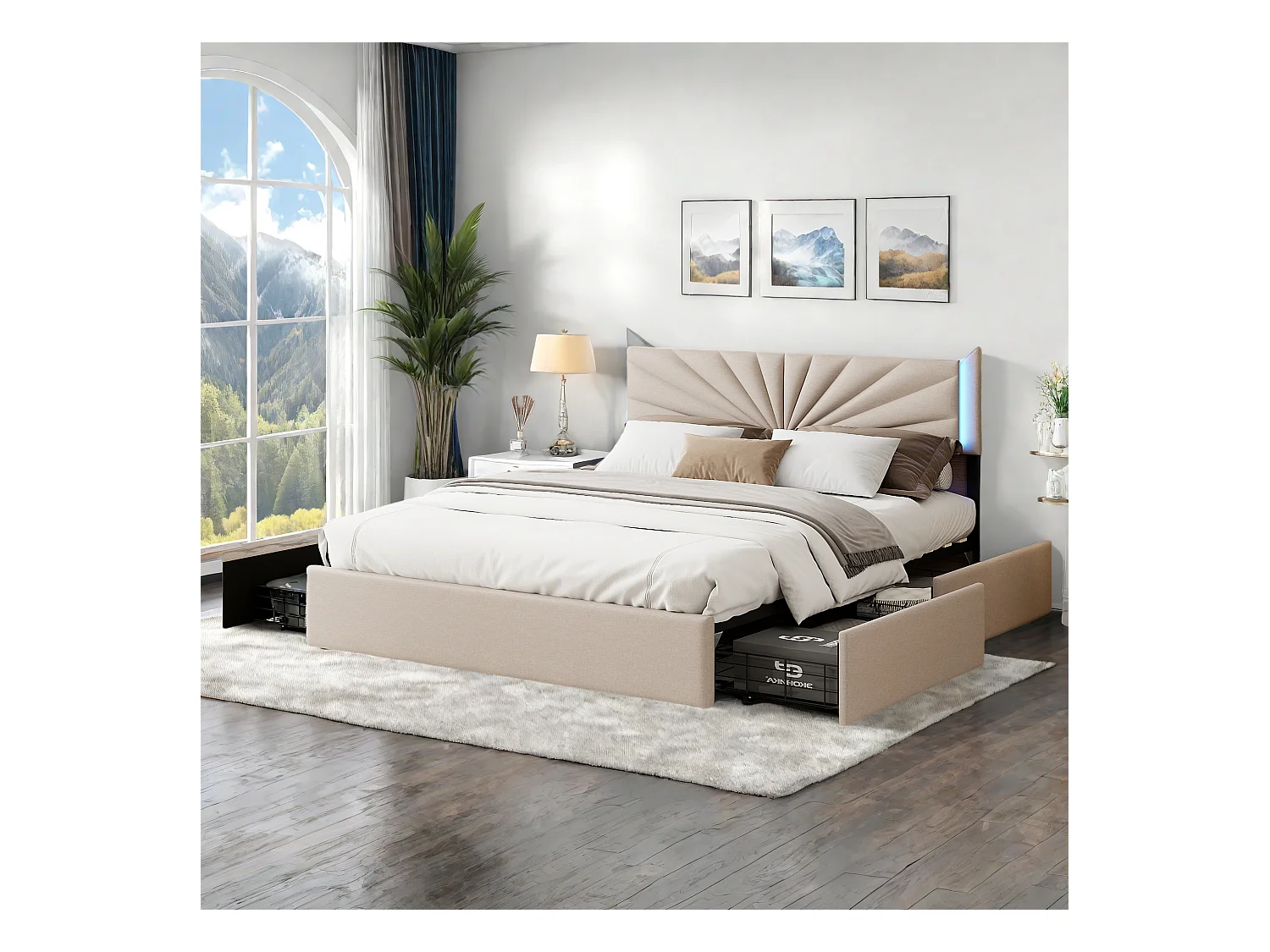 Letto matrimoniale 160x200 cm in lino con LED, robusta rete a doghe, 4 cassetti integrati, design moderno e pratico per 2 persone (senza materasso)