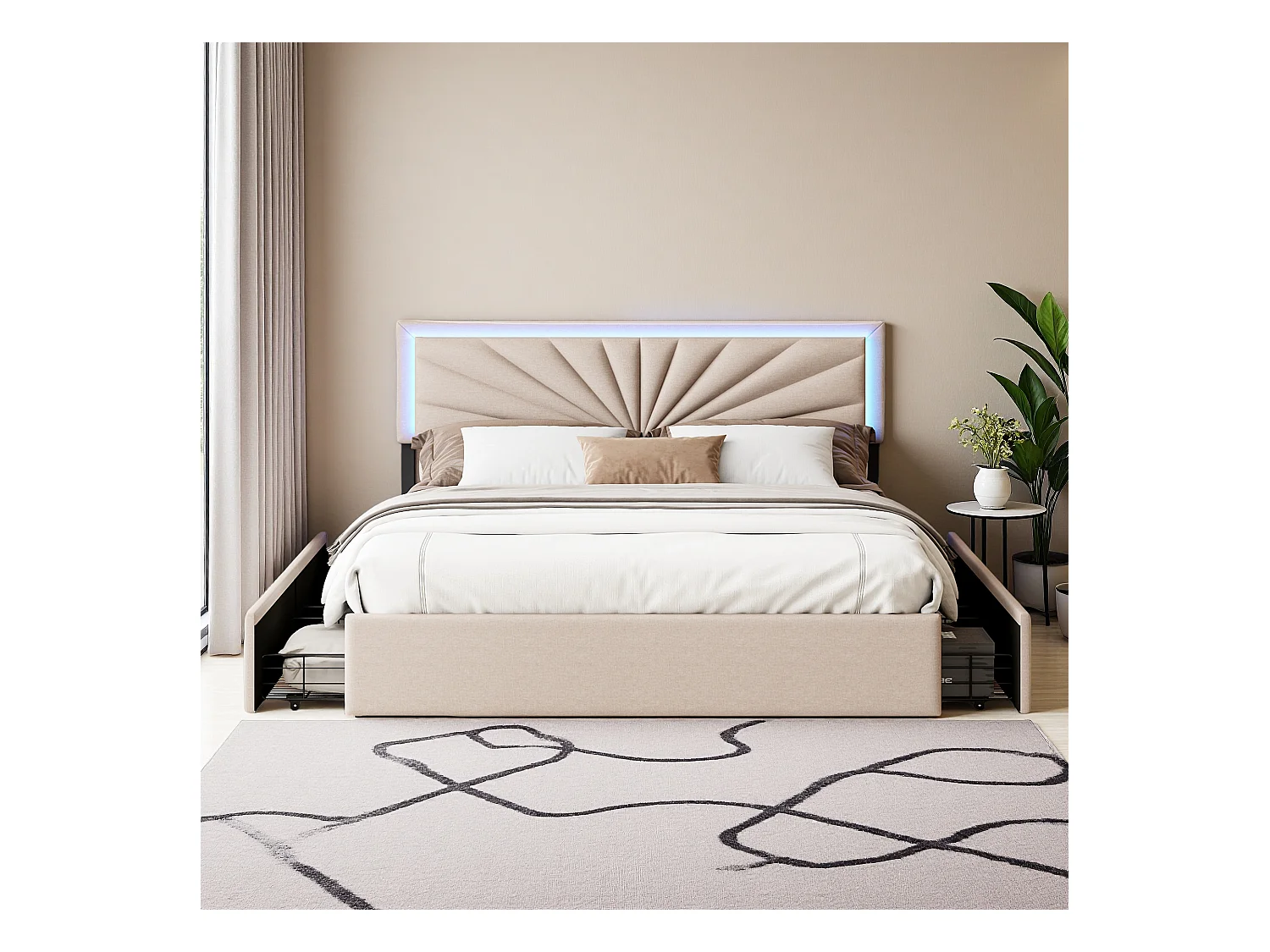 Letto matrimoniale 160x200 cm in lino con LED, robusta rete a doghe, 4 cassetti integrati, design moderno e pratico per 2 persone (senza materasso)