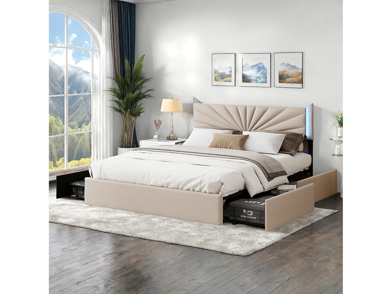 Lit double 160x200 cm en lin avec LED, sommier à lattes robuste, 4 tiroirs intégrés, design moderne et pratique pour 2 personnes (sans matelas)