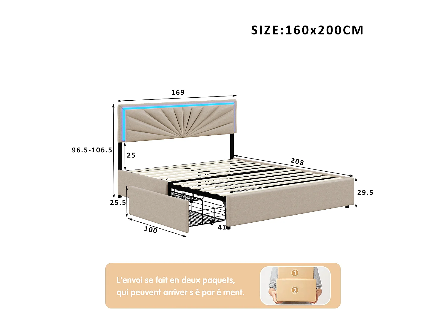 Lit double 160x200 cm en lin avec LED, sommier à lattes robuste, 4 tiroirs intégrés, design moderne et pratique pour 2 personnes (sans matelas)