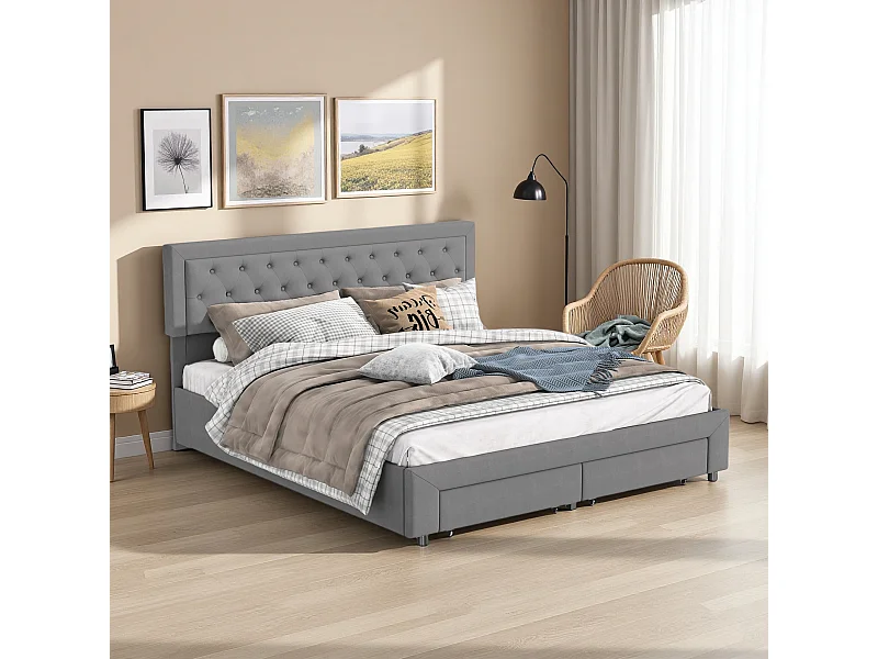 Cama de arrumação cinzenta 160 x 200 cm, em veludo, com cabeceira acolchoada ajustável em altura, cama de arrumação com gavetas e ripas de madeira