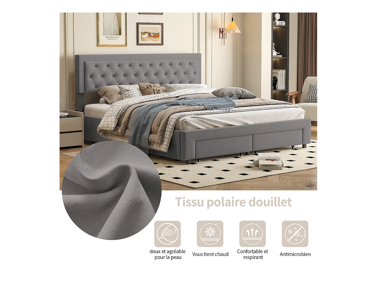 Cama de arrumação cinzenta 160 x 200 cm, em veludo, com cabeceira acolchoada ajustável em altura, cama de arrumação com gavetas e ripas de madeira