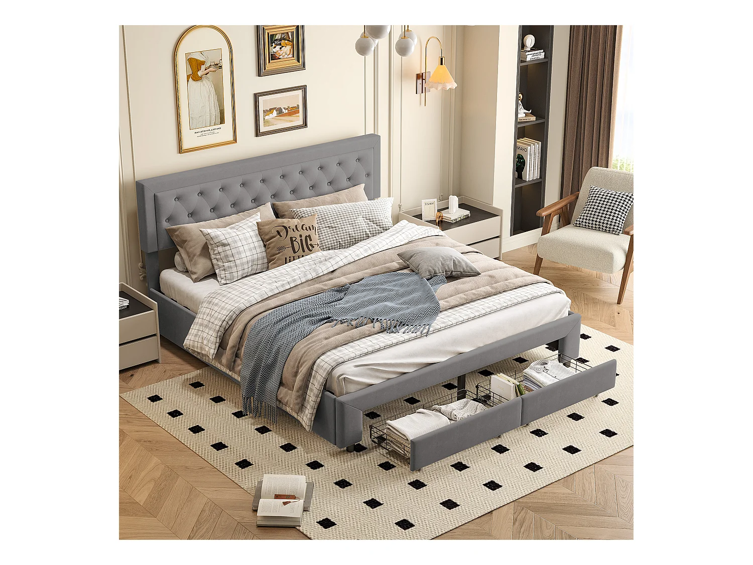 Cama de arrumação cinzenta 160 x 200 cm, em veludo, com cabeceira acolchoada ajustável em altura, cama de arrumação com gavetas e ripas de madeira