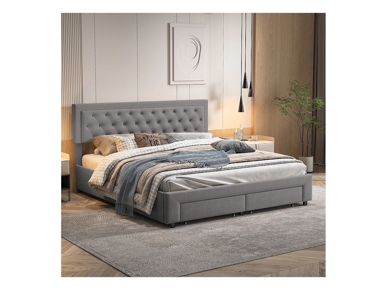 Cama de arrumação cinzenta 160 x 200 cm, em veludo, com cabeceira acolchoada ajustável em altura, cama de arrumação com gavetas e ripas de madeira