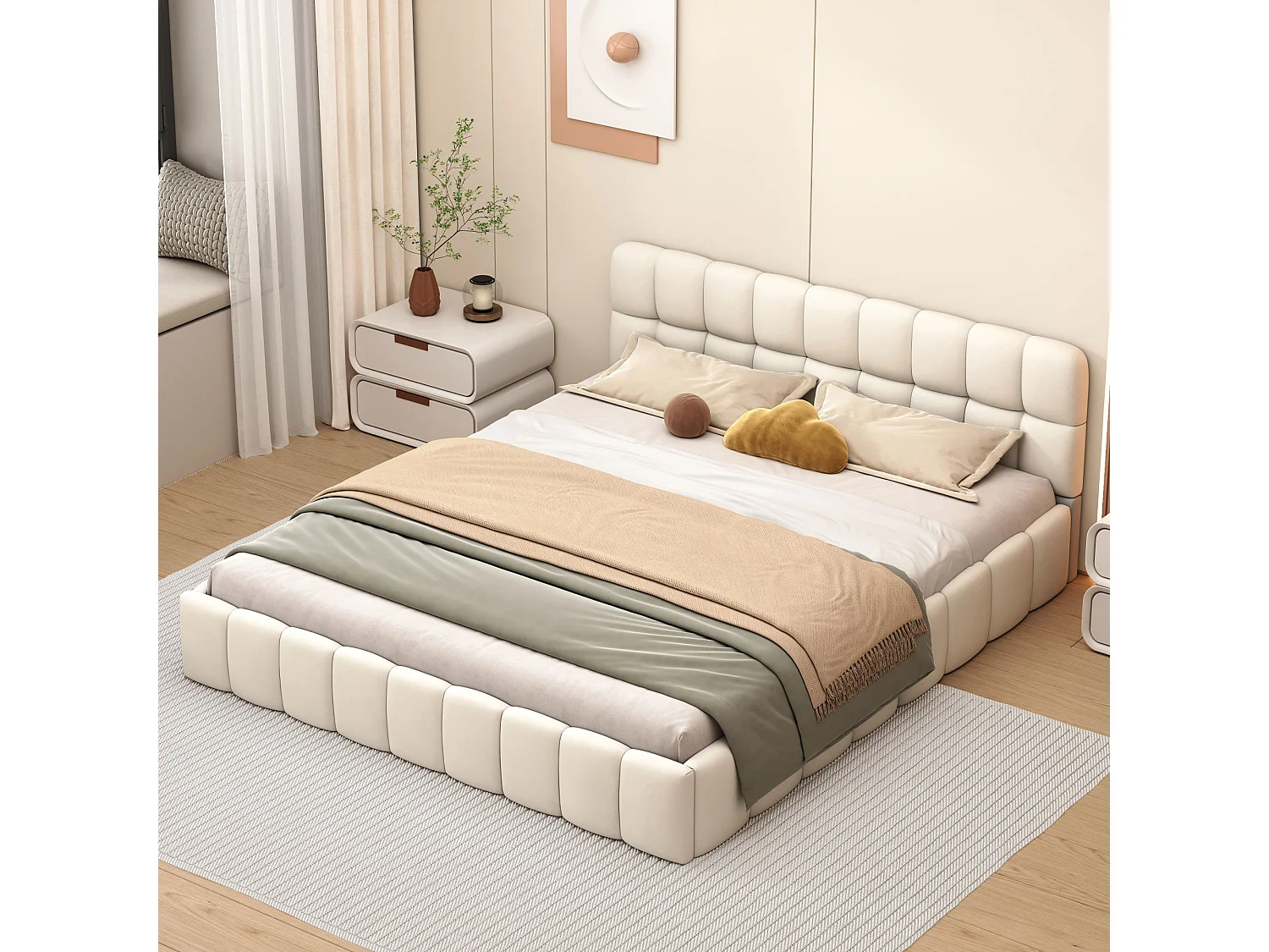 Lit rembourré 140 x 190 cm, lit jeune, lit double avec dossier moelleux, et bordure rembourrée, sommier à lattes lin beige (matelas non inclus)