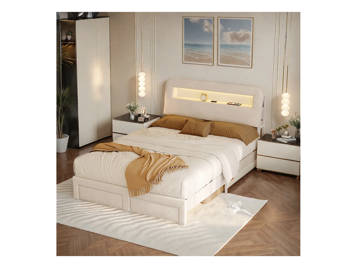 Cama con cajones 140x200 cm en terciopelo beige, cabecero y piecero con almacenaje, puerto USB + LED, diseño de moda