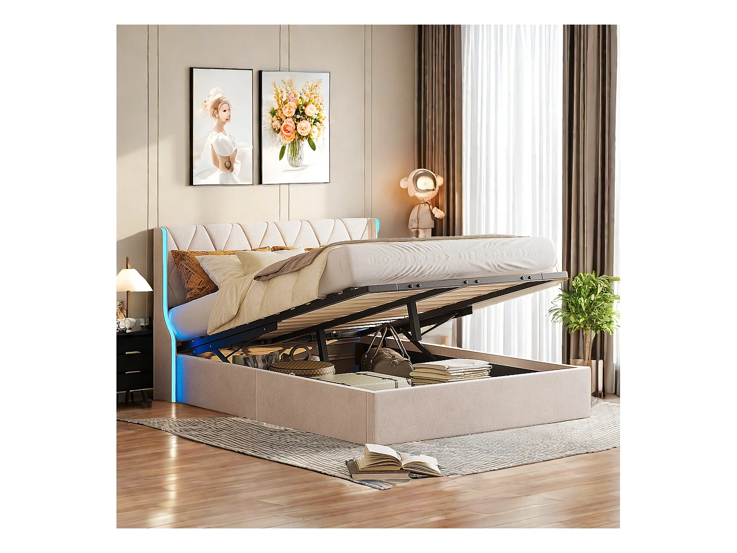 Lit Coffre beige 160x200 cm, Lit Double avec Rangement, Lits pour Adulte Coffre,avec LED Tete de lit Tissu Velours