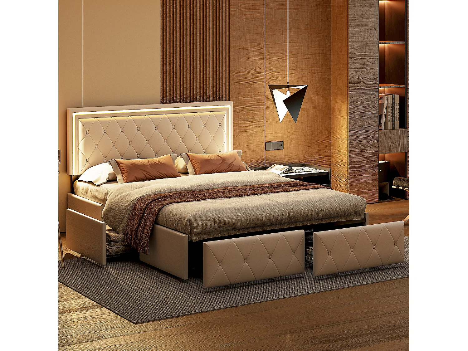 Lit double 140x200 cm blanc cassé, rembourré, avec LED, 4 tiroirs de rangement, tête de lit réglable, coffre et sommier à lattes inclus