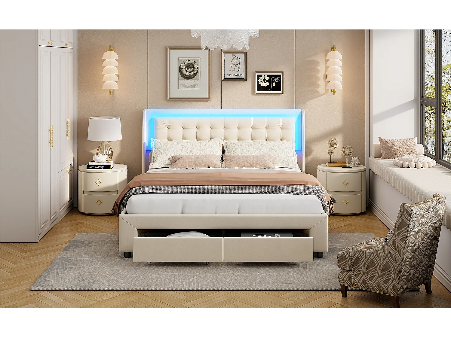Cama com arrumação 180x200 cm em veludo bege com macacos hidráulicos, cabeceira LED multicolorida e gaveta de arrumação integrada