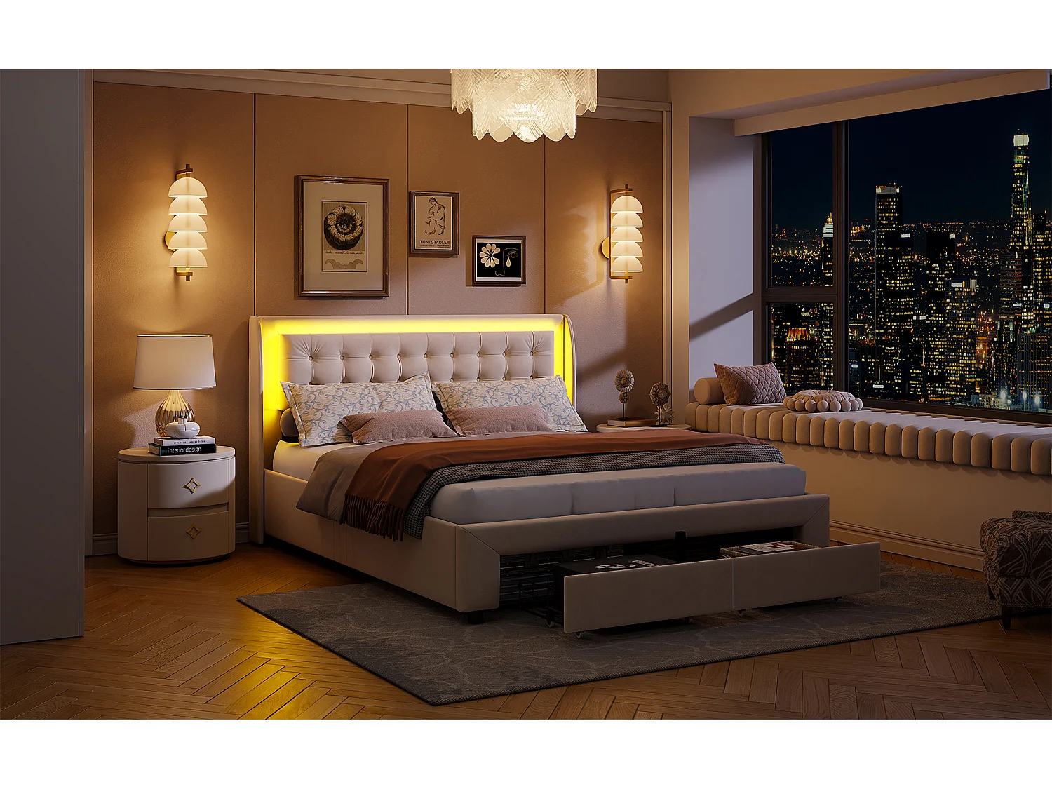 Cama com arrumação 180x200 cm em veludo bege com macacos hidráulicos, cabeceira LED multicolorida e gaveta de arrumação integrada