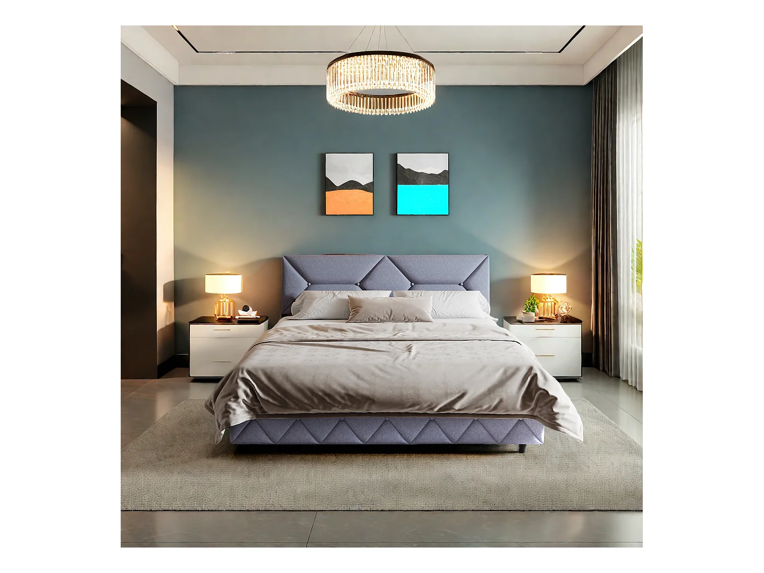 Lit double 140x200 cm avec tête de lit ergonomique inclinée, rangements cachés, ports USB/Type-C et 4 tiroirs gain de place