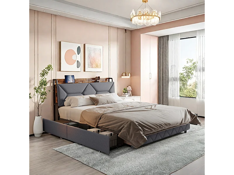 Tweepersoonsbed 140x200 cm met ergonomisch schuin hoofdeinde, verborgen opbergruimte, USB/Type-C-aansluitingen en 4 ruimtebesparende lades