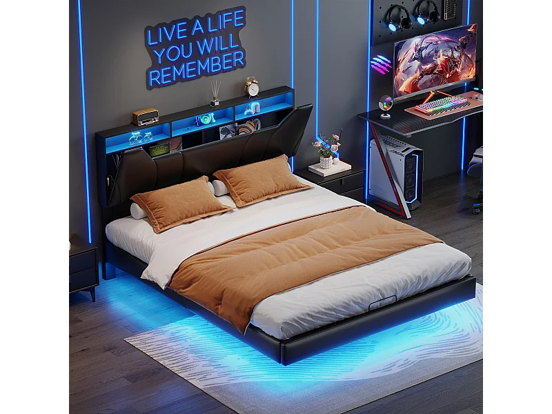 Lit coffre 140x200 cm en tissu noir avec rangement à vérins hydrauliques, bande LED sur tête et cadre de lit, prise intégrée – Lit moderne avec chargeur EU