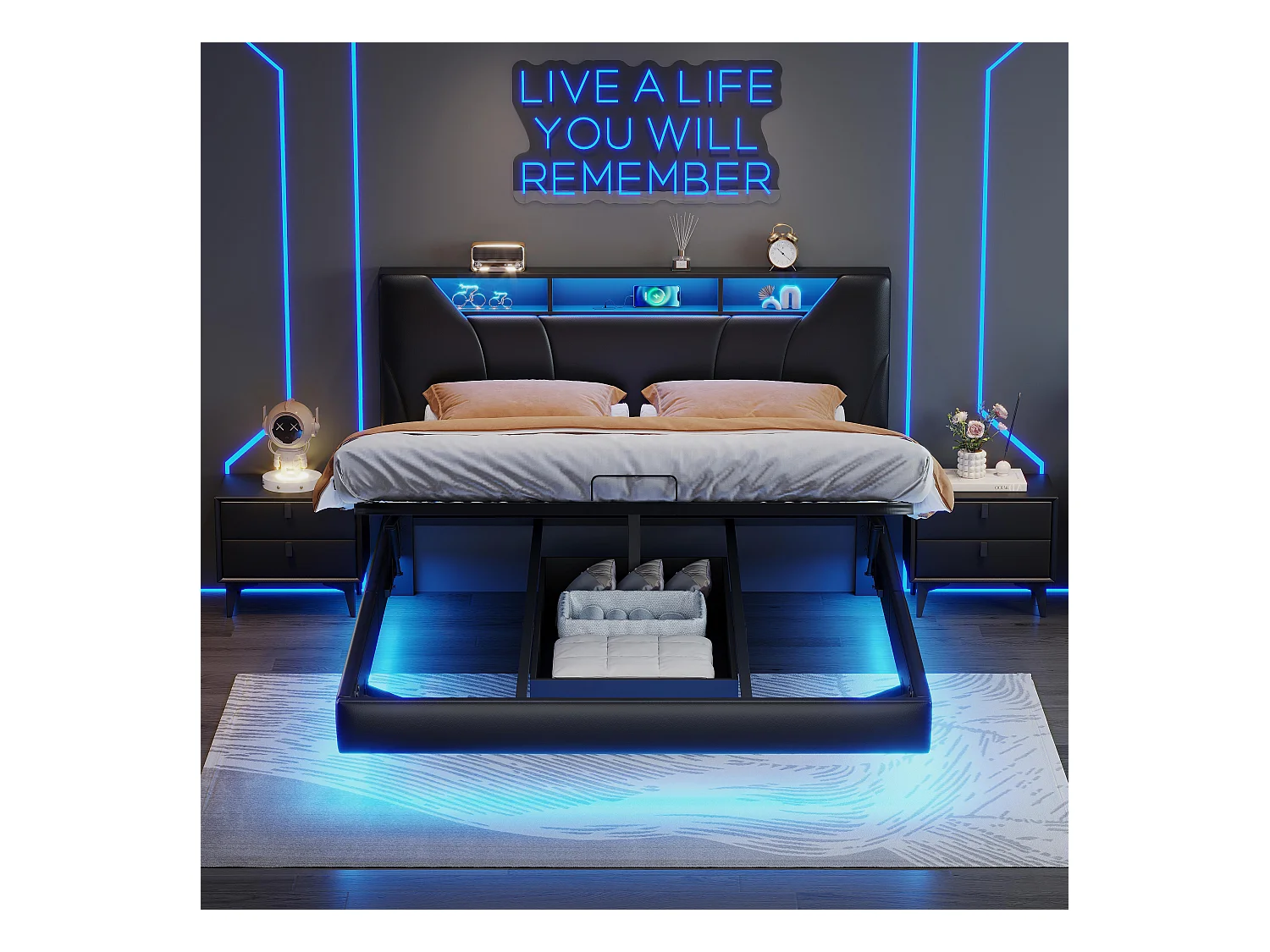 Lit coffre 140x200 cm en tissu noir avec rangement à vérins hydrauliques, bande LED sur tête et cadre de lit, prise intégrée – Lit moderne avec chargeur EU