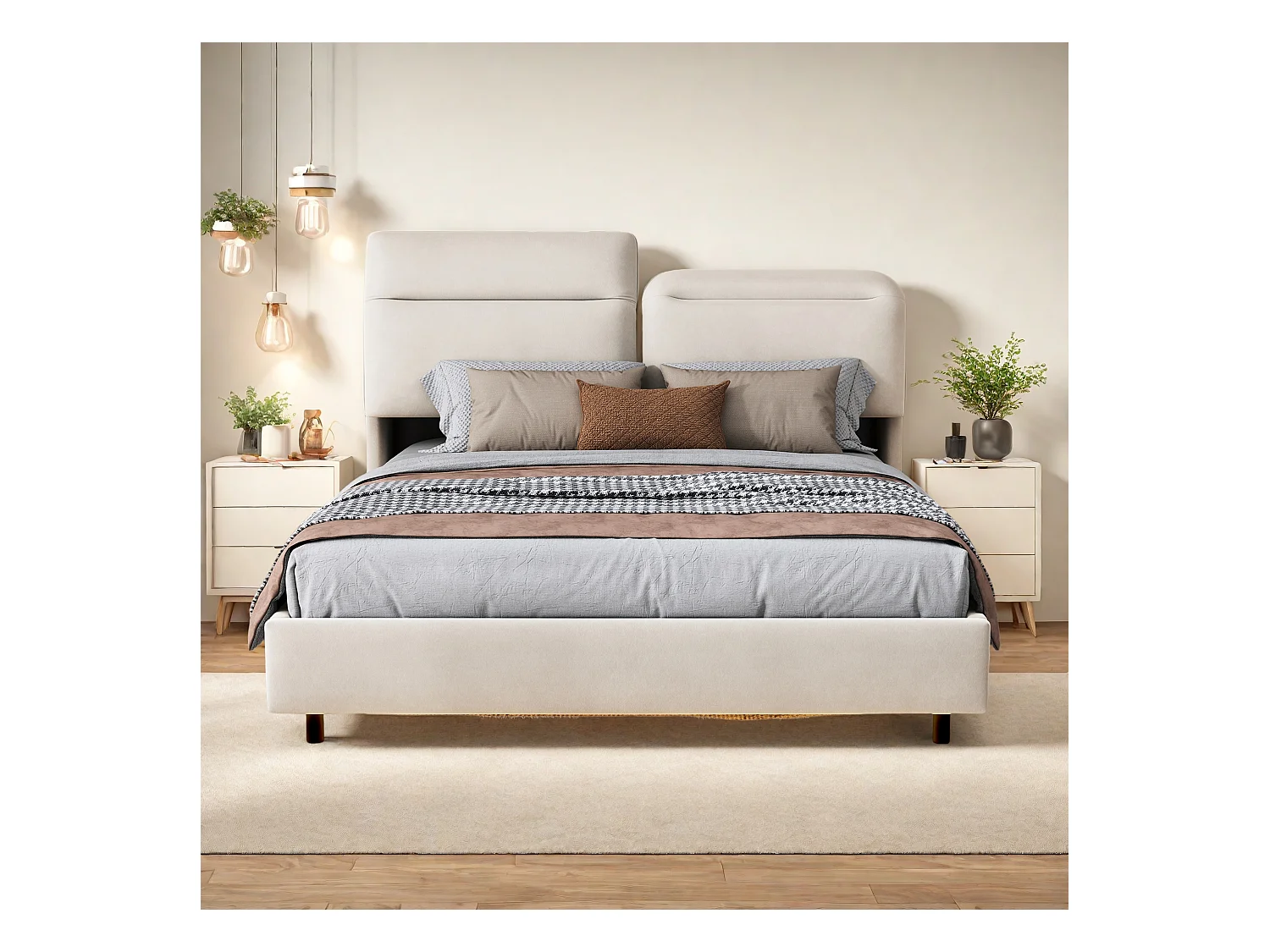 Lit double blanc cassé, 140 x 200 cm, avec éclairage LED, avec tête de lit pliable , coffre de rangement, hydraulique, en velours, sans matelas