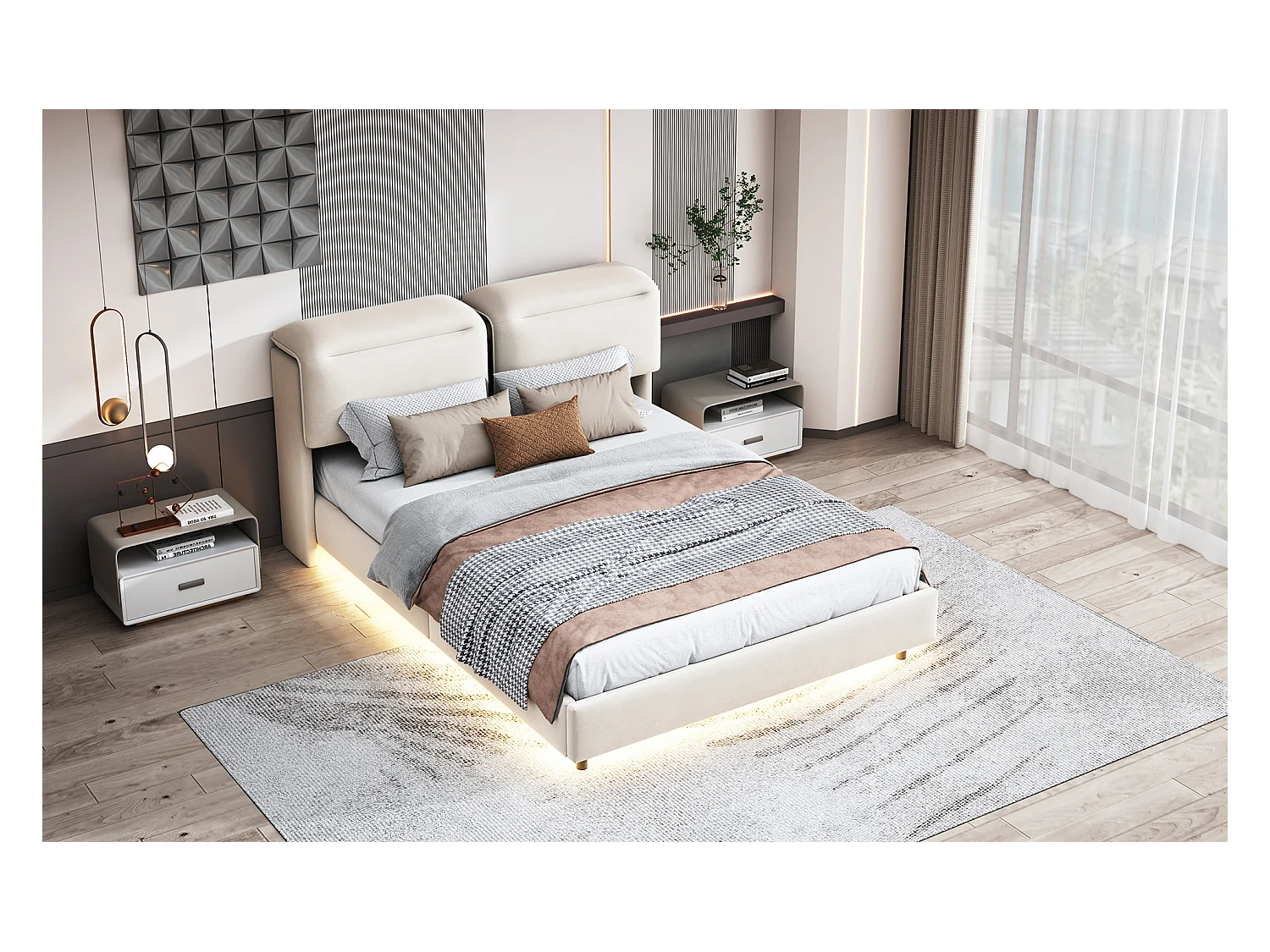Lit double blanc cassé, 140 x 200 cm, avec éclairage LED, avec tête de lit pliable , coffre de rangement, hydraulique, en velours, sans matelas