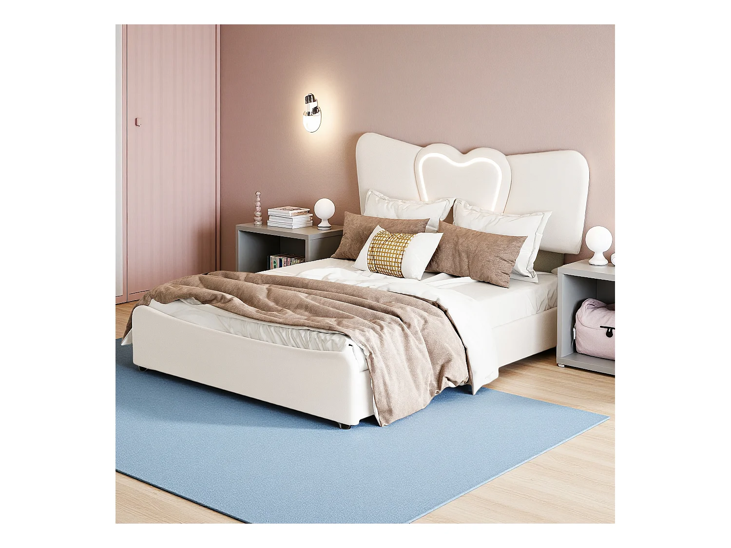 Lit tapissé 140 x 200 cm avec lumières LED et USB,  avec rangement,  tissu de velours，lit double 160 x 200 cm, beige (sans matelas)