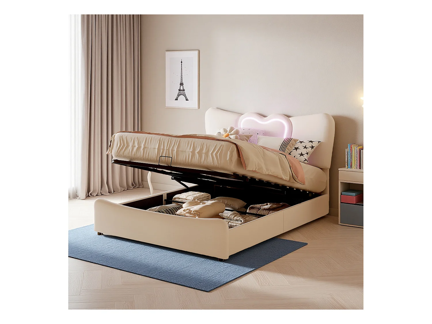 Lit tapissé 140 x 200 cm avec lumières LED et USB,  avec rangement,  tissu de velours，lit double 160 x 200 cm, beige (sans matelas)