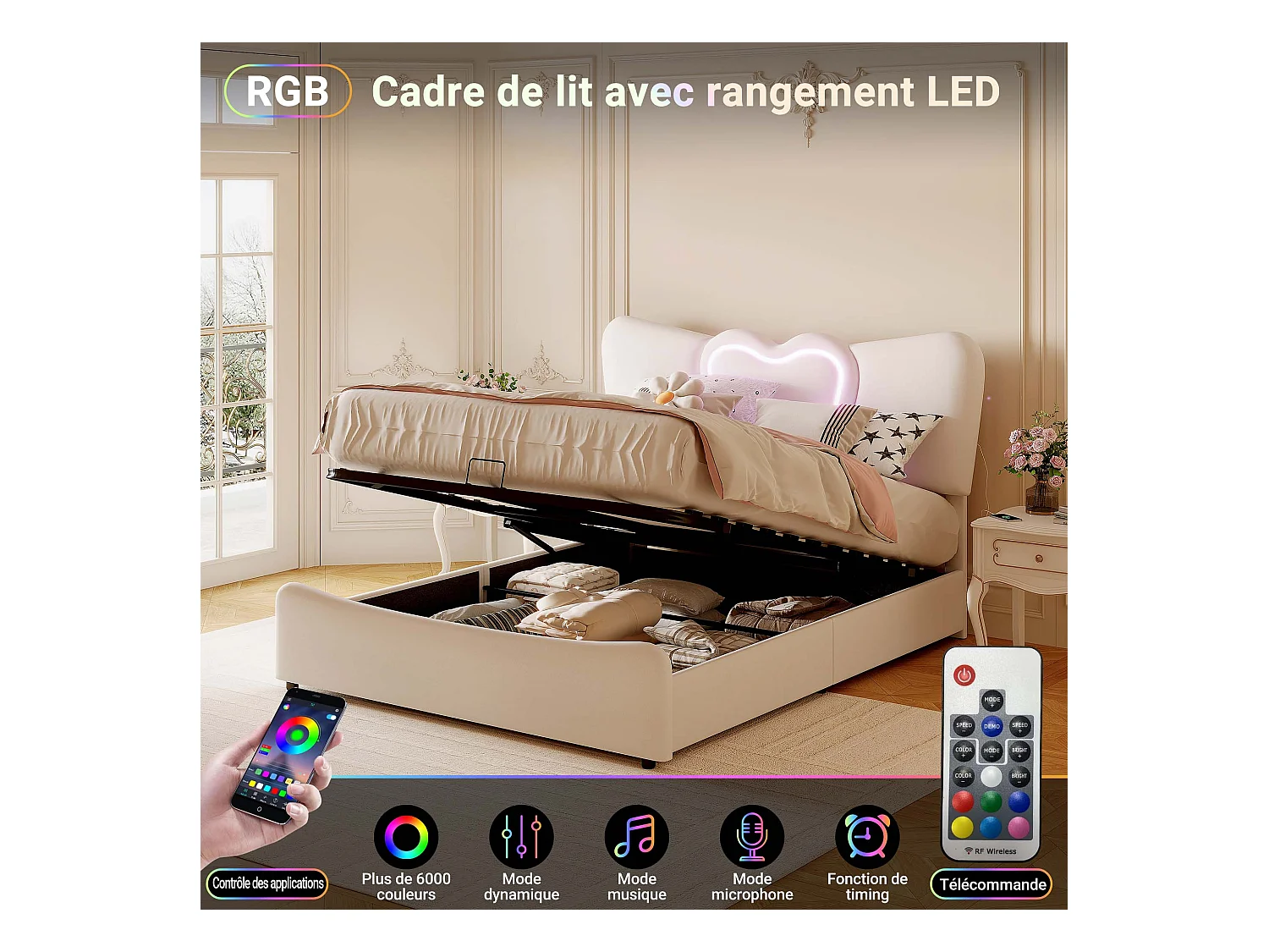 Lit tapissé 140 x 200 cm avec lumières LED et USB,  avec rangement,  tissu de velours，lit double 160 x 200 cm, beige (sans matelas)