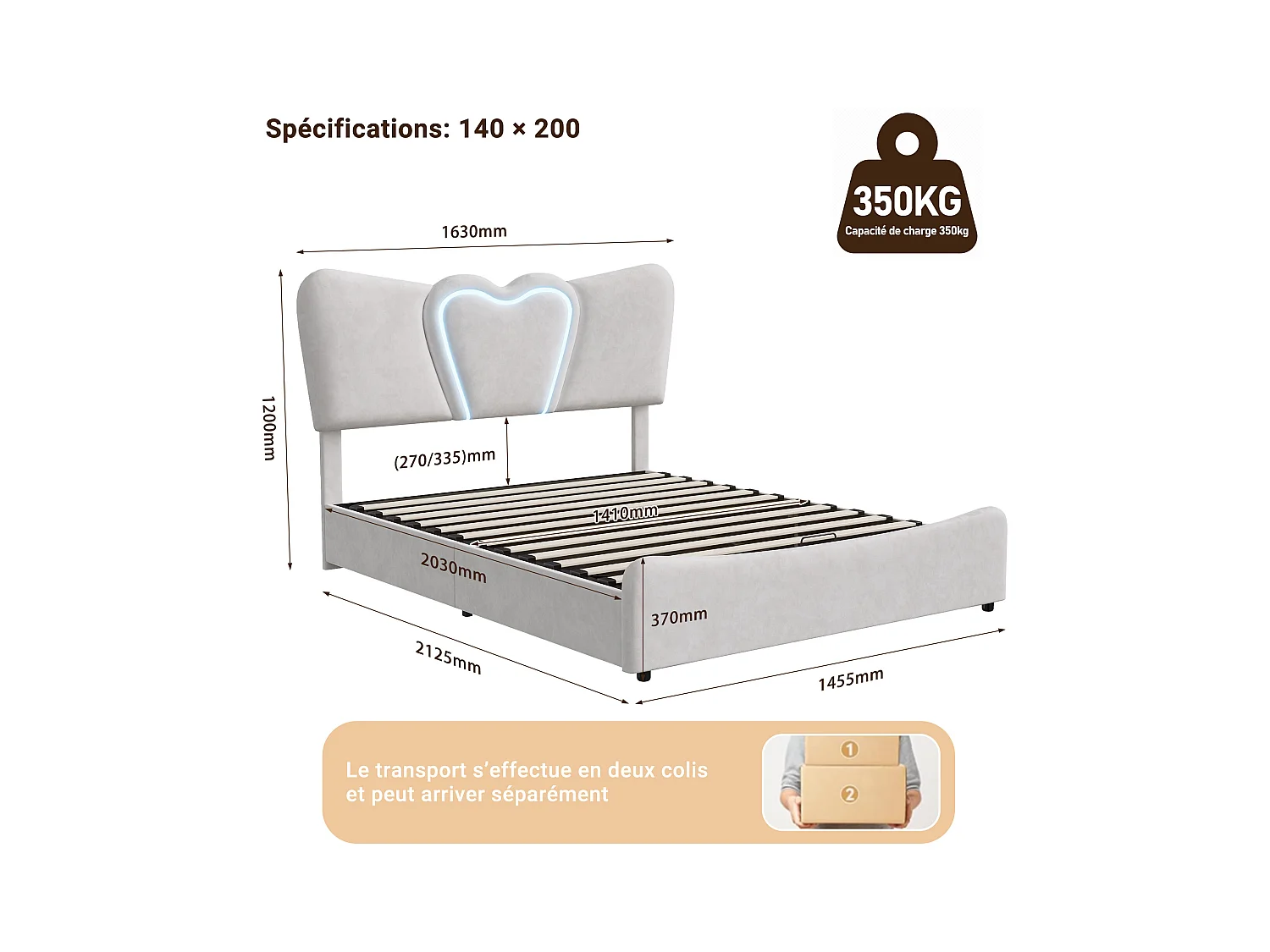 Lit tapissé 140 x 200 cm avec lumières LED et USB,  avec rangement,  tissu de velours，lit double 160 x 200 cm, beige (sans matelas)