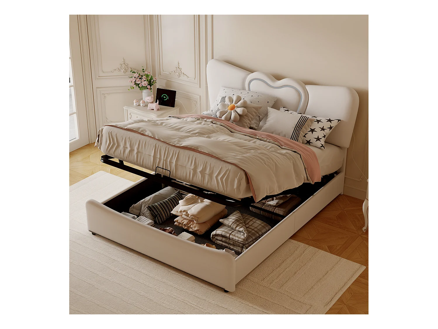 Lit tapissé 140 x 200 cm avec lumières LED et USB,  avec rangement,  tissu de velours，lit double 160 x 200 cm, beige (sans matelas)