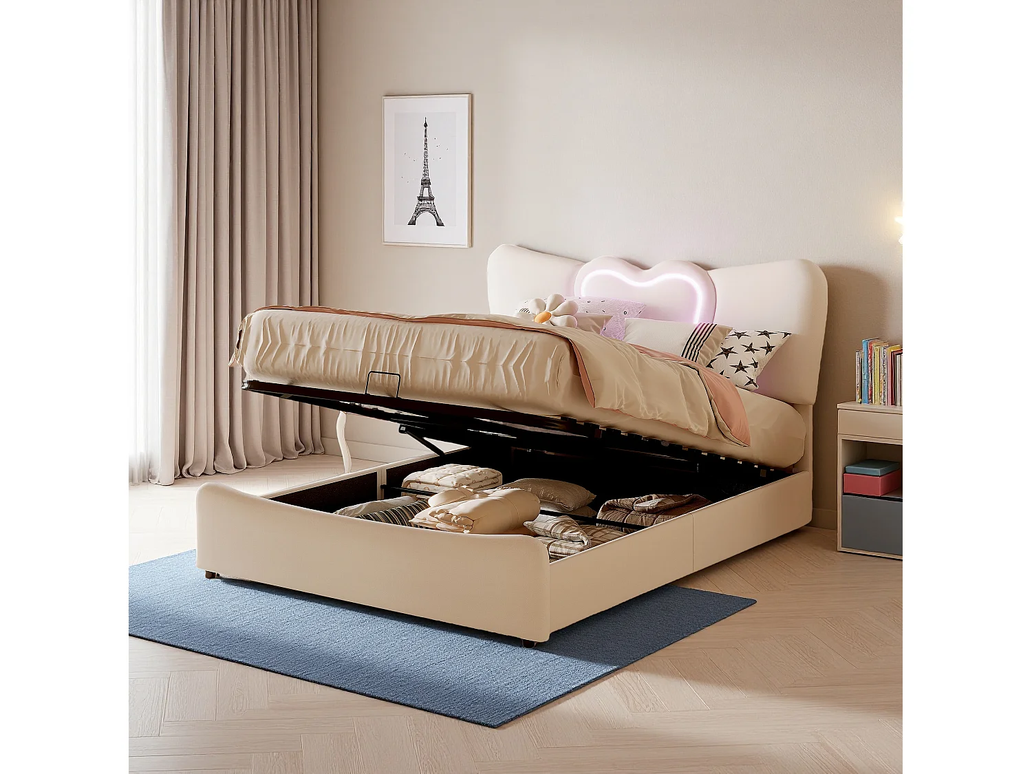 Cama estofada 140 x 200 cm com luzes LED e USB, com arrumação, tecido de veludo, cama de casal 160 x 200 cm, bege (sem colchão)