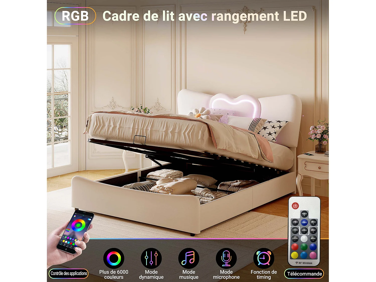 Cama estofada 140 x 200 cm com luzes LED e USB, com arrumação, tecido de veludo, cama de casal 160 x 200 cm, bege (sem colchão)