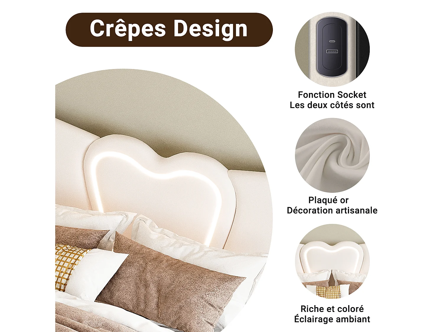 Cama estofada 140 x 200 cm com luzes LED e USB, com arrumação, tecido de veludo, cama de casal 160 x 200 cm, bege (sem colchão)