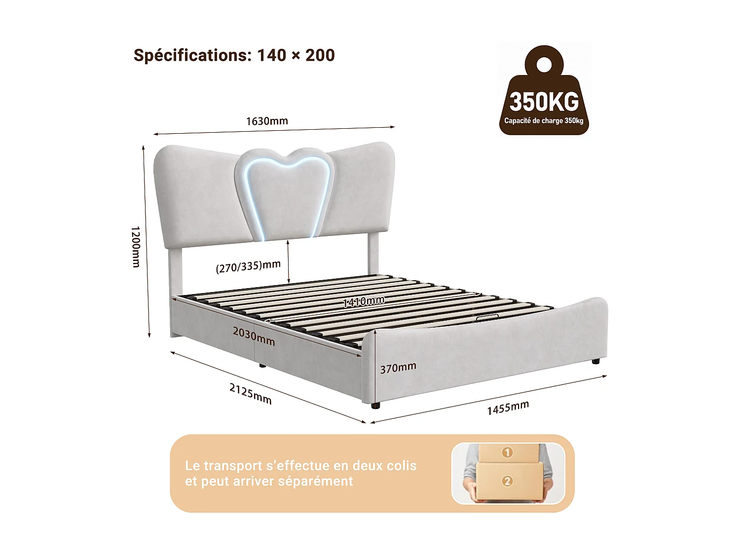 Cama estofada 140 x 200 cm com luzes LED e USB, com arrumação, tecido de veludo, cama de casal 160 x 200 cm, bege (sem colchão)