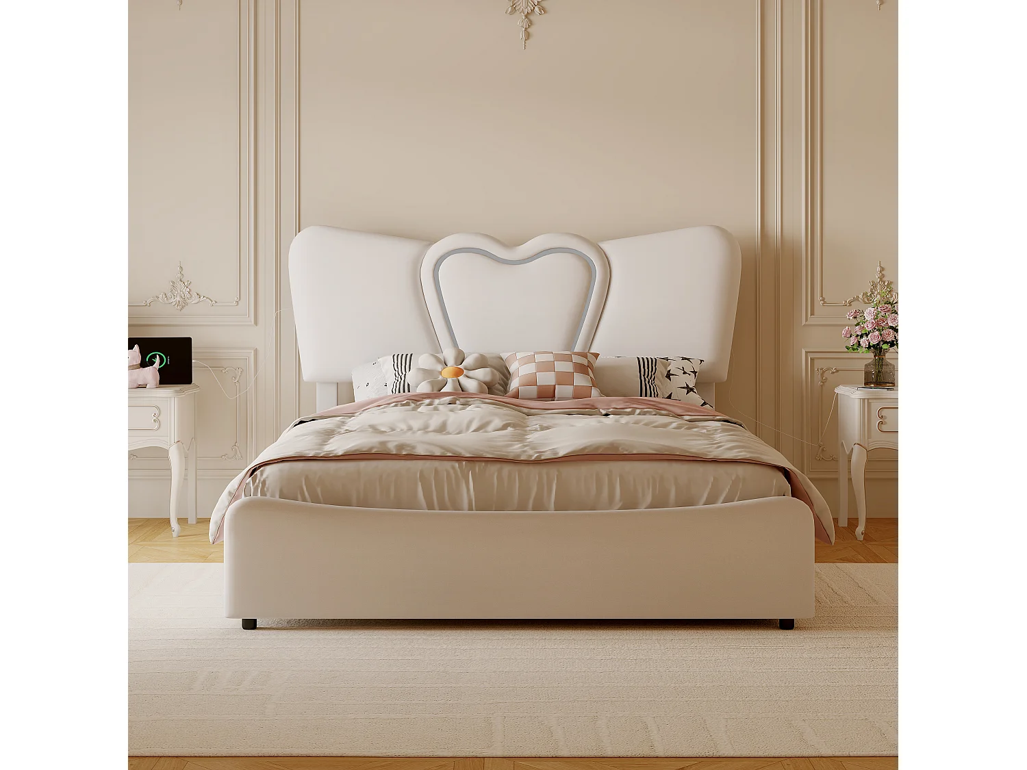 Cama estofada 140 x 200 cm com luzes LED e USB, com arrumação, tecido de veludo, cama de casal 160 x 200 cm, bege (sem colchão)