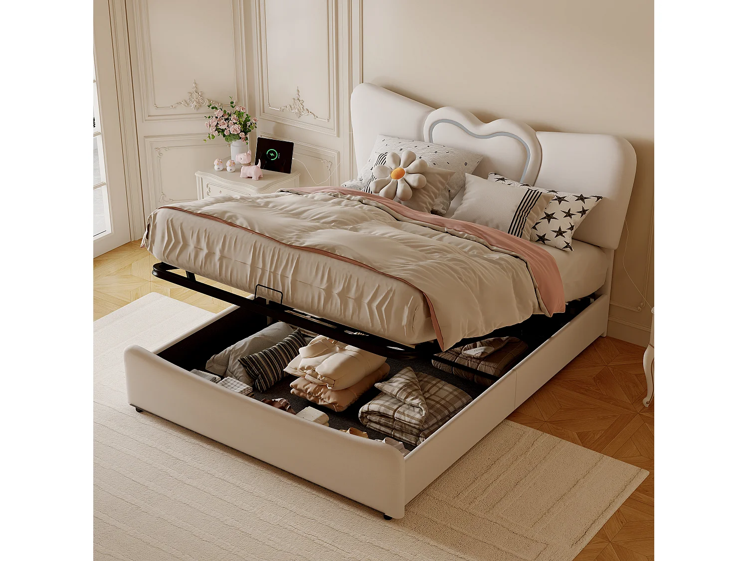 Cama estofada 140 x 200 cm com luzes LED e USB, com arrumação, tecido de veludo, cama de casal 160 x 200 cm, bege (sem colchão)