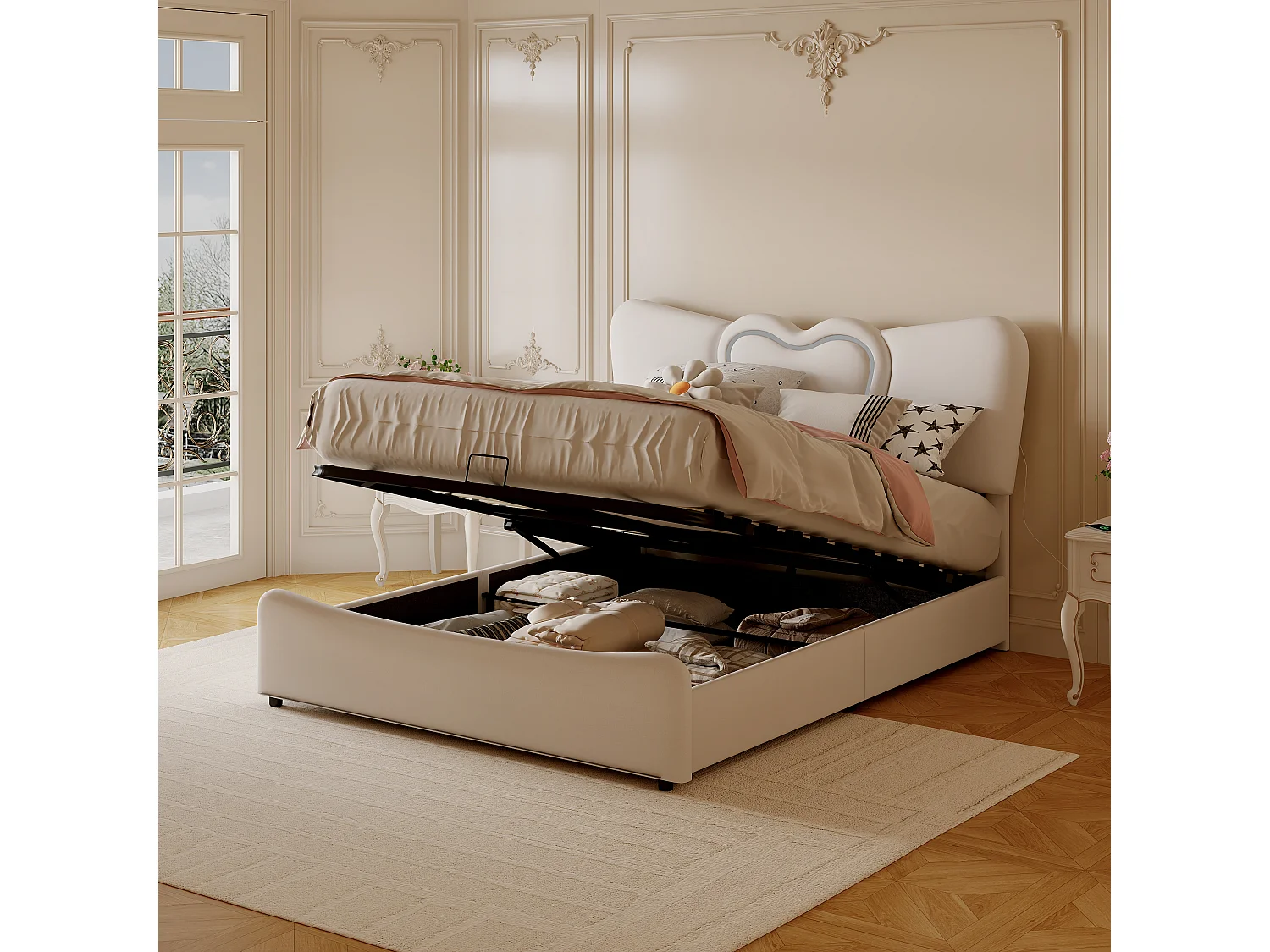 Cama estofada 140 x 200 cm com luzes LED e USB, com arrumação, tecido de veludo, cama de casal 160 x 200 cm, bege (sem colchão)