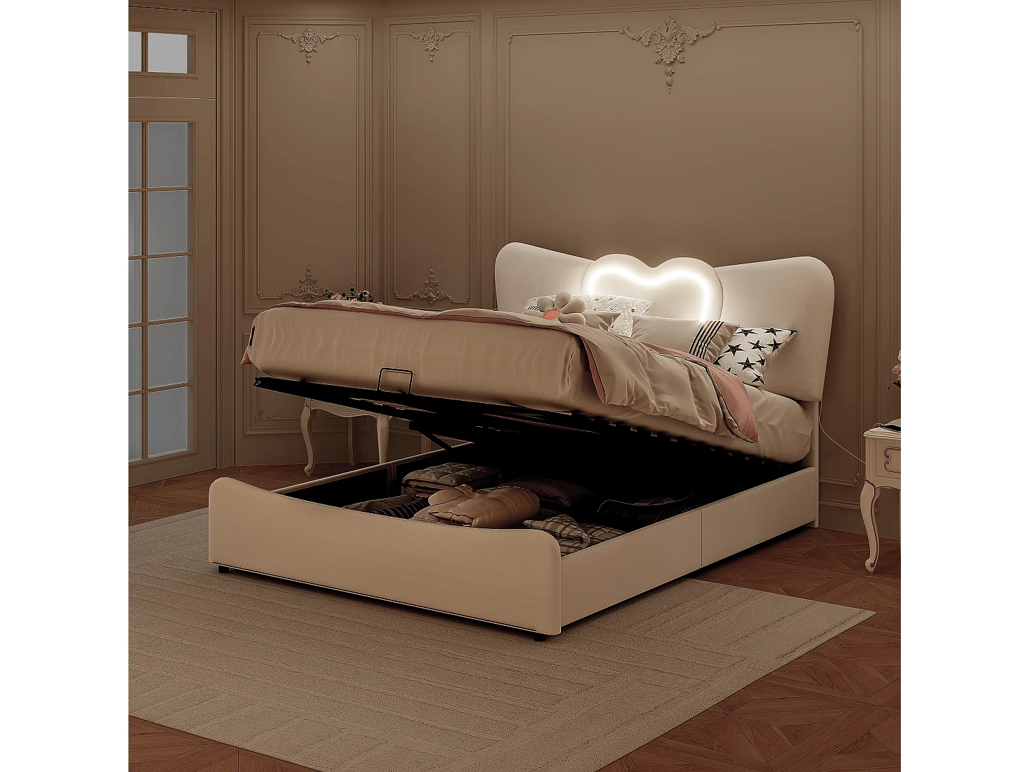 Cama estofada 140 x 200 cm com luzes LED e USB, com arrumação, tecido de veludo, cama de casal 160 x 200 cm, bege (sem colchão)