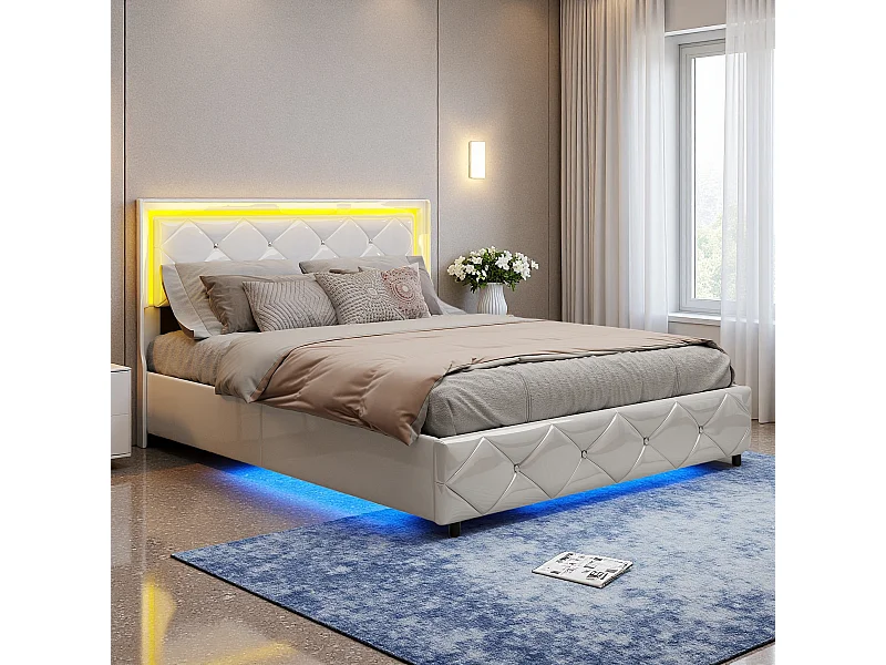 Tweepersoonsbed 160x200cm in wit PU-leer met kristalmotief, hydraulische opbergbox, oplaadpoorten en LED-sfeerverlichting