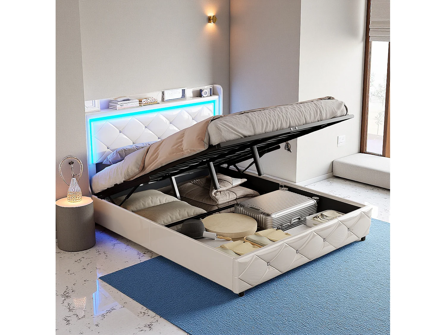 Tweepersoonsbed 160x200cm in wit PU-leer met kristalmotief, hydraulische opbergbox, oplaadpoorten en LED-sfeerverlichting