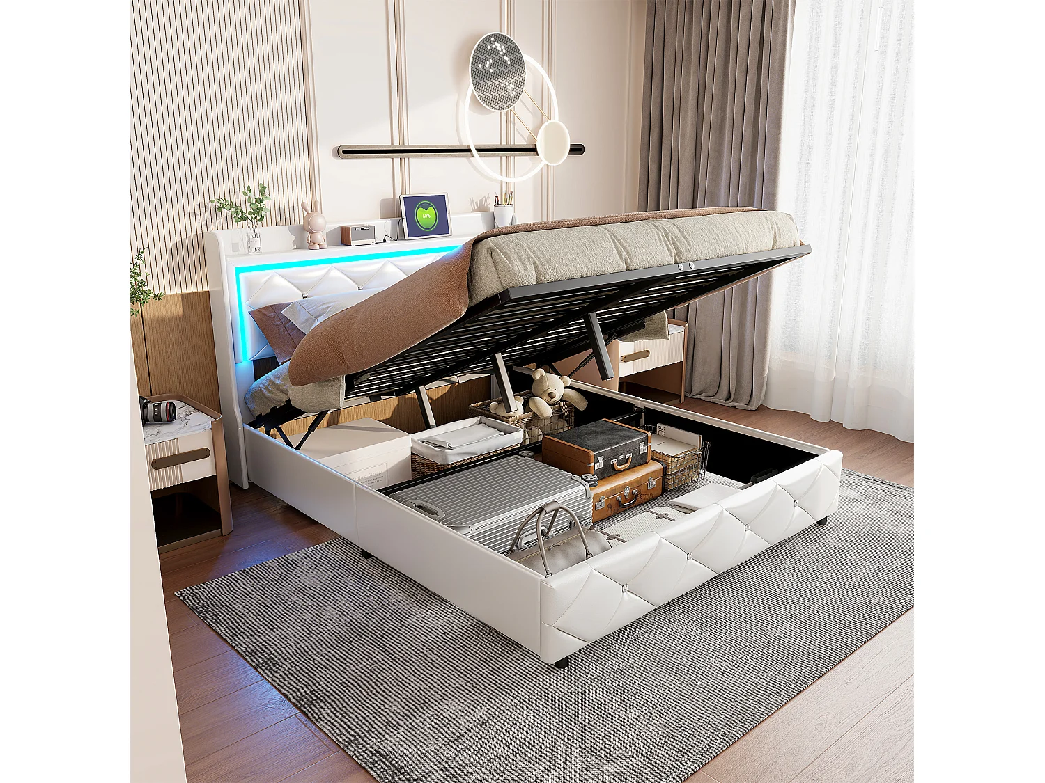 Tweepersoonsbed 160x200cm in wit PU-leer met kristalmotief, hydraulische opbergbox, oplaadpoorten en LED-sfeerverlichting