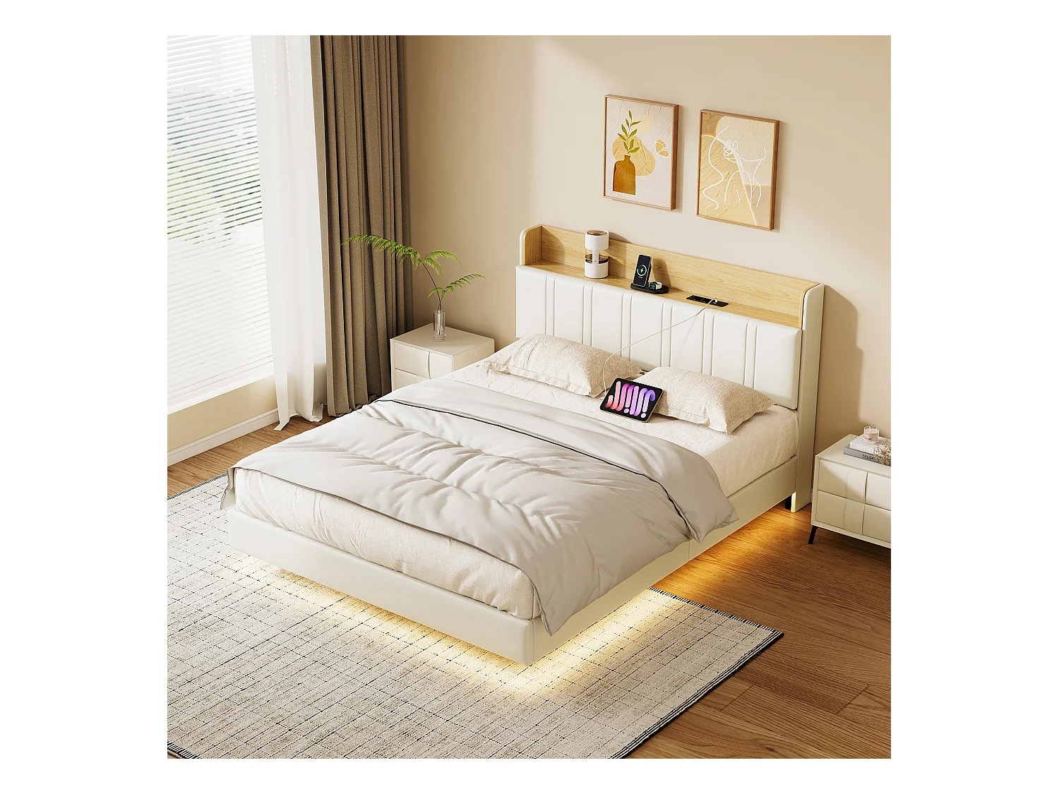 Lit flottant 140x190 cm blanc PU + bois clair, rangement tiroir, éclairage LED sous lit, double port USB, poche latérale