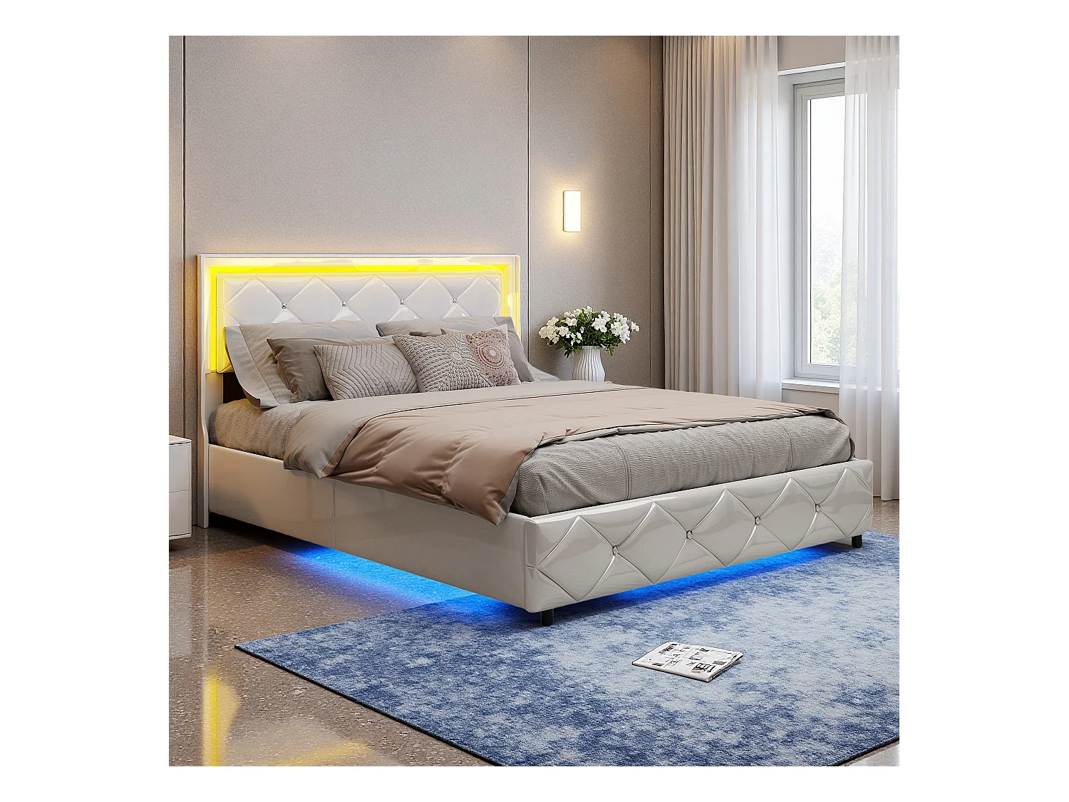 Lit double 140x200cm en cuir PU blanc avec design capitonné cristal, coffre de rangement hydraulique, ports de charge & lumière d’ambiance LED