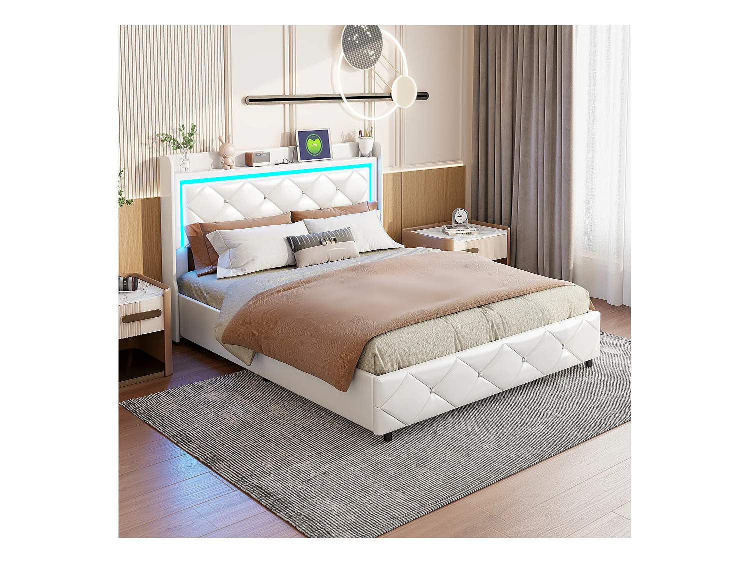 Lit double 140x200cm en cuir PU blanc avec design capitonné cristal, coffre de rangement hydraulique, ports de charge & lumière d’ambiance LED