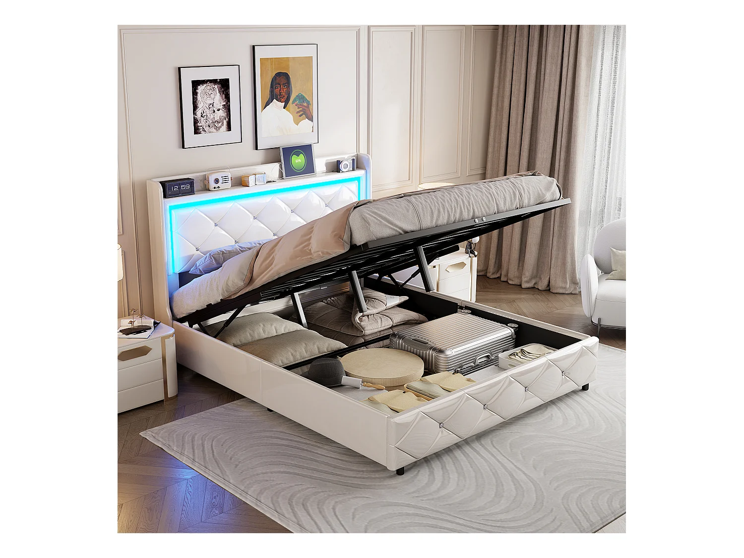 Lit double 140x200cm en cuir PU blanc avec design capitonné cristal, coffre de rangement hydraulique, ports de charge & lumière d’ambiance LED