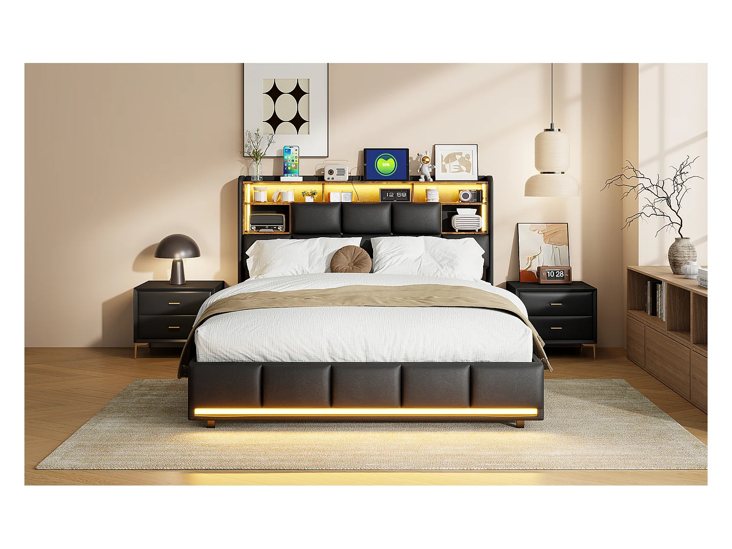 Cama de casal estofada 140x200 cm preta, com LED, cabeceira, arrumação hidráulica, base elevatória e estação de carregamento integrada