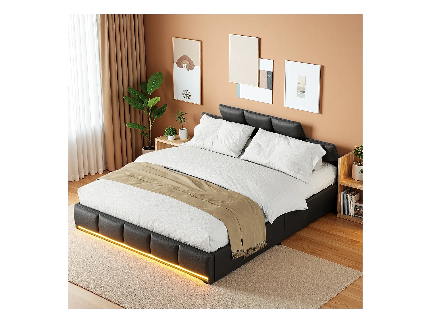 Cama de casal estofada 140x200 cm preta, com LED, cabeceira, arrumação hidráulica, base elevatória e estação de carregamento integrada