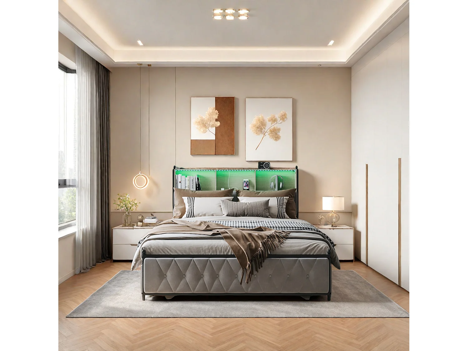 Lit 160x200 cm en velours beige avec tiroirs, tête de lit LED multicolore, USB/Type-C et rangement sous lit