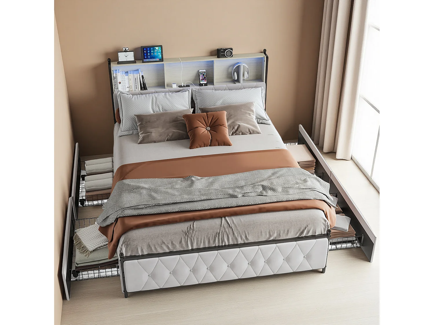 Lit 160x200 cm en velours beige avec tiroirs, tête de lit LED multicolore, USB/Type-C et rangement sous lit