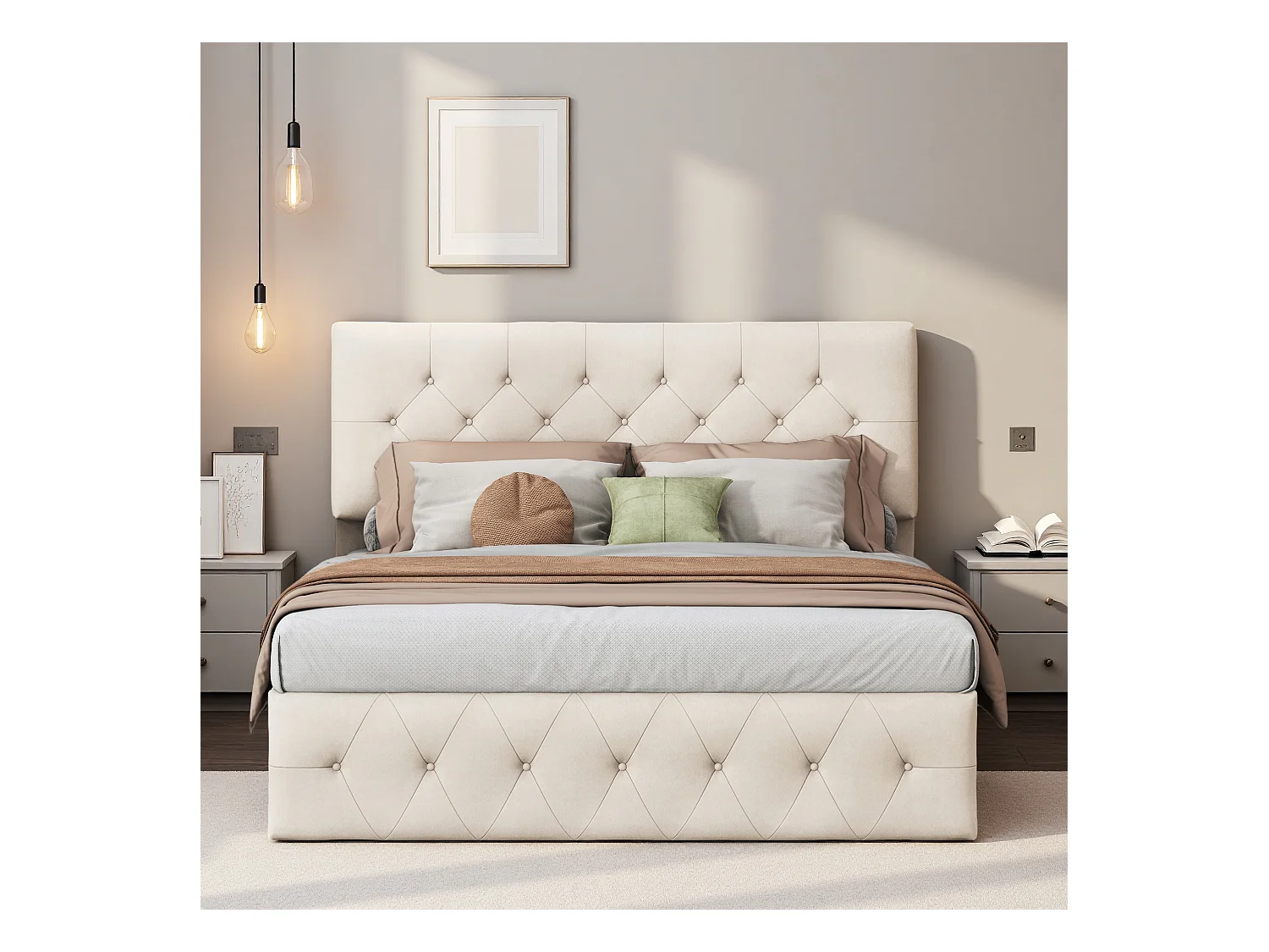 Cama de matrimonio 140x200 cm en terciopelo beige albaricoque con canapé abatible, cabecero y piecero tapizados, diseño cómodo y elegante.