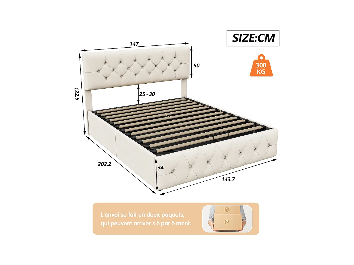 Cama de matrimonio 140x200 cm en terciopelo beige albaricoque con canapé abatible, cabecero y piecero tapizados, diseño cómodo y elegante.