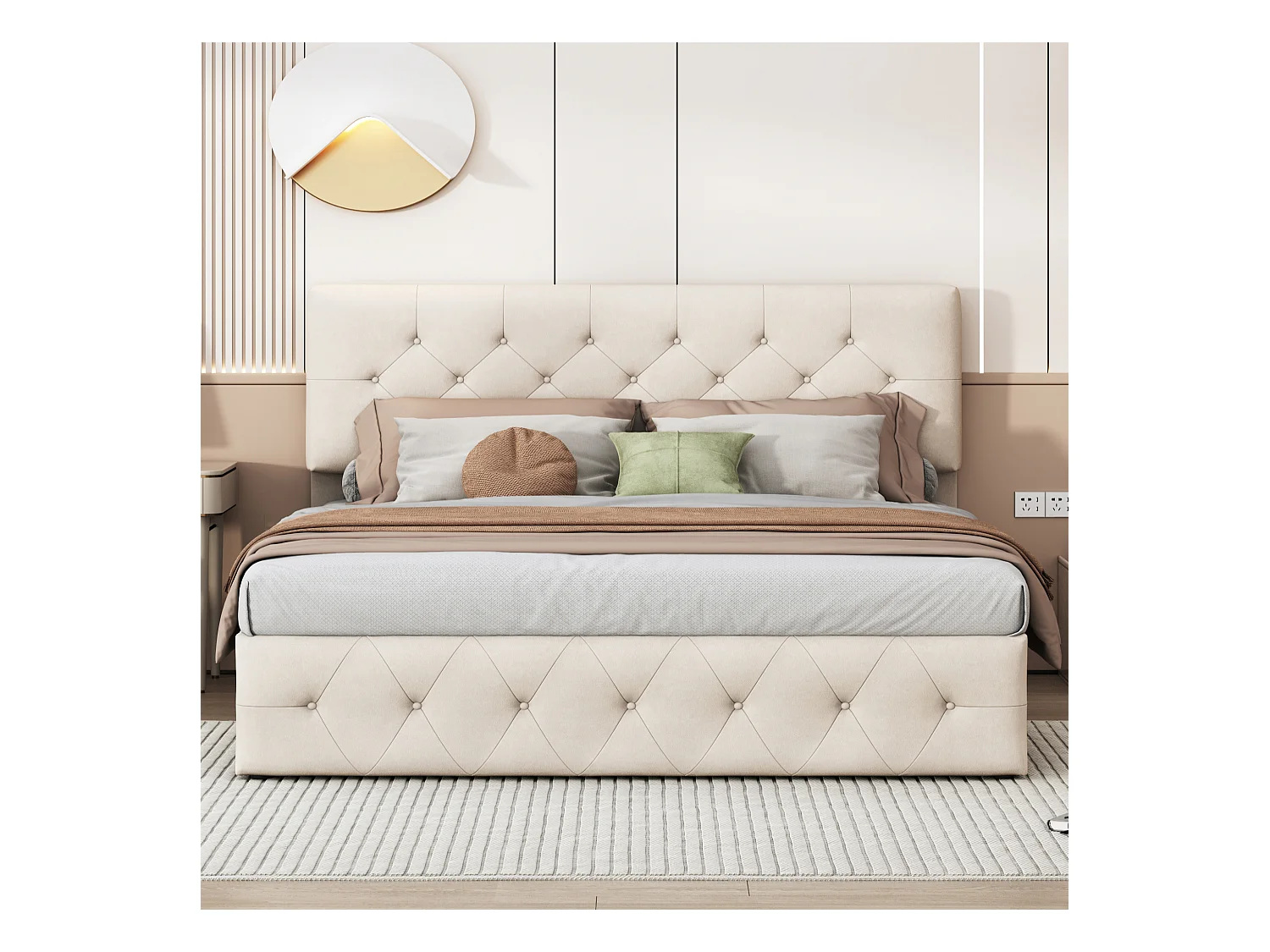 Cama de matrimonio 140x200 cm en terciopelo beige albaricoque con canapé abatible, cabecero y piecero tapizados, diseño cómodo y elegante.