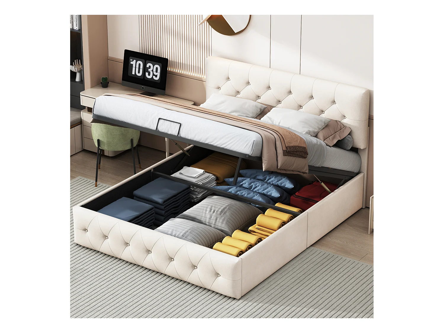 Cama de matrimonio 140x200 cm en terciopelo beige albaricoque con canapé abatible, cabecero y piecero tapizados, diseño cómodo y elegante.