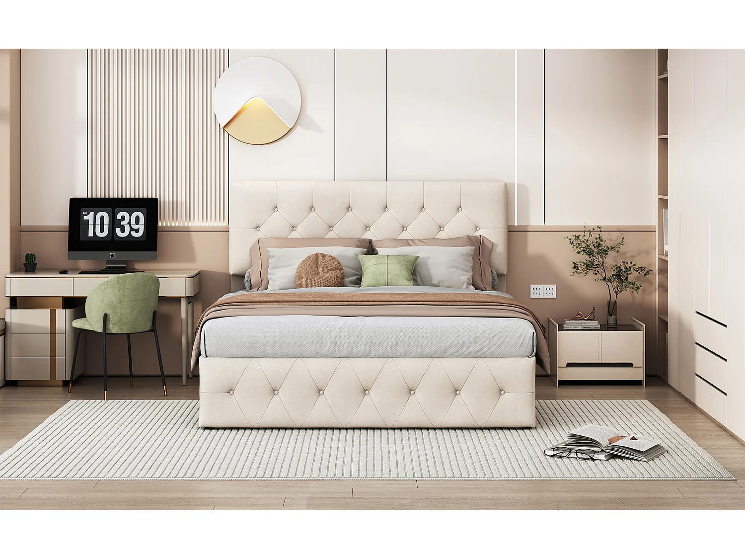 Lit double 140x200 cm en velours beige abricot avec coffre à vérin, tête et pied de lit rembourrés, design confortable et élégant