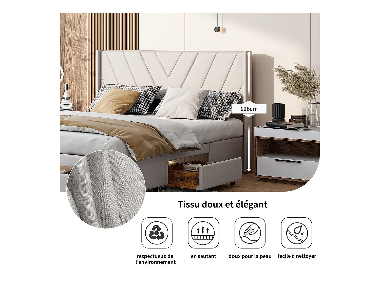 Tweepersoonsbed 160x200cm in beige linnen met 3 lades, gestoffeerd bedframe - milieuvriendelijke stof, zacht en comfortabel, gemakkelijk te onderhouden